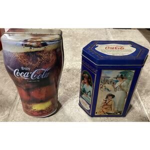 Coca Cola Empty Tins ~ The Drink Of All The Year & 1998 Coke Glass Shaped Tin